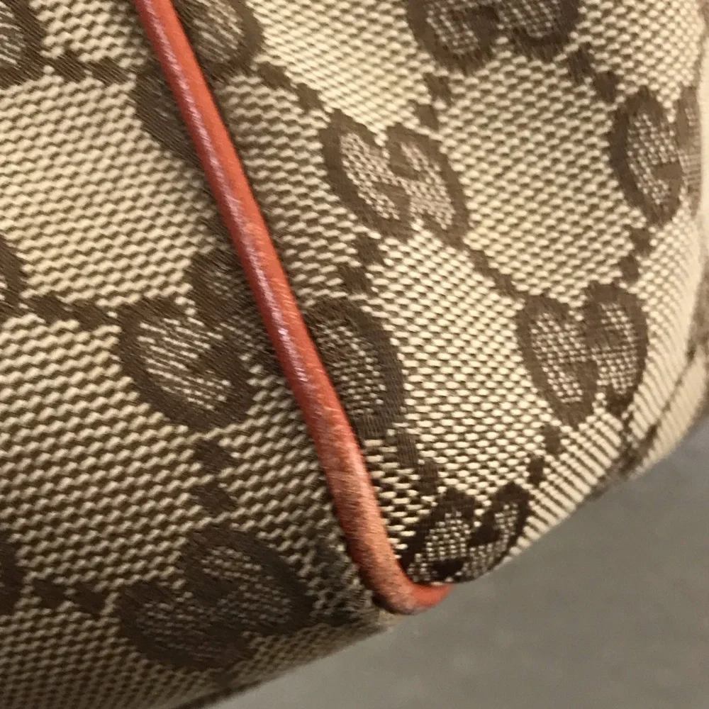 Gucci GG Canvas Tote Bag Beige Monogram w/ Coral Orange Leather Trim & GG Charm - Picture 7 of 8